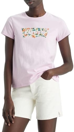 Image of Levi's Women's The Perfect Tee- Pattern Batwing Logo T-Shirt, Floral Logo - Pink Lavender, XXS