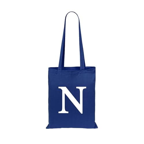 Image of eBuyGB Initial Tote Bag, Monogram Cotton Shopper Bag, Children's Party Goodie Bag, Letter Shoulder Bag for Her, Swimming, Gym, Shopping, Beach Bag (Navy Blue)