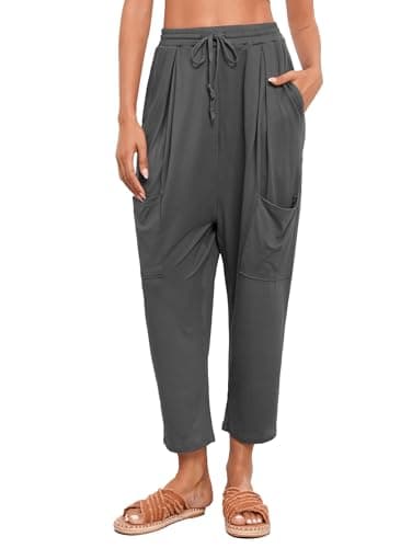 Image of Famulily Womens Flowy Boho Yoga Pants Cotton Elastic Waisted Loose Palazzo Harem Pants with Pockets Dark Grey XXL