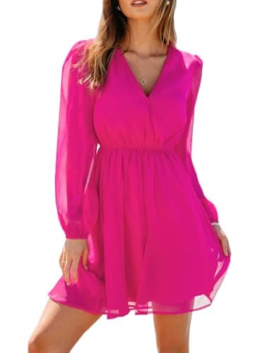 Image of CUPSHE Women's Floral Print Chiffon A-Line Mini Dress Long Peasant Sleeves Elastic Summer Autumn Dress Hot Pink M