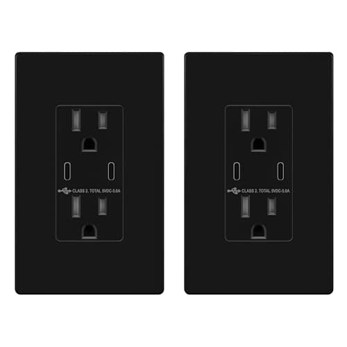 Image of TOPGREENER 5.0A USB Outlet with 15Amp Duplex Tamper-Resistant Receptacles, 2 USB Type-C, USB Outlets Receptacles, TU2155C2-BKSID2P, Black, Screwless Wall Plate Included, 2 Pack