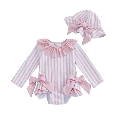 Image of Toddler Baby Girl Bathing Suit Stripe Print Ruffle Bow Knot Long Sleeve Swimsuit Newborn One Piece Rash Guard with Hat 0-3T Girl Swimwear (Pink, 12-18 Months)