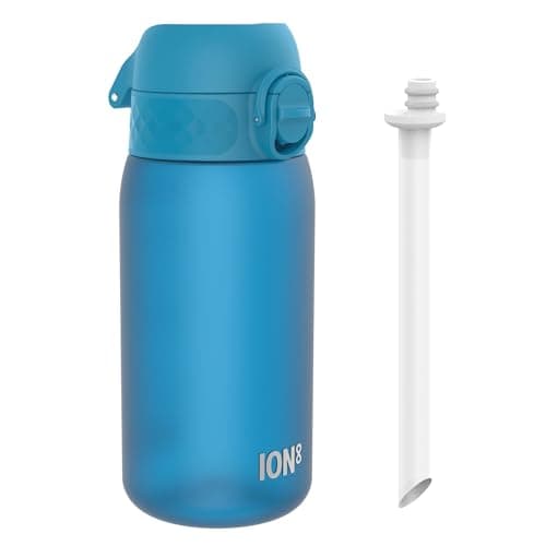 Image of ION8 Kids Water Bottle 350ml/12oz Leak Proof & BPA Free Drinking Bottle with Straw, Triple Lock Lid to Prevent Spills & Integrated Handle, Ideal for Little Hands & Lunch Boxes,Recyclon Blue with Straw