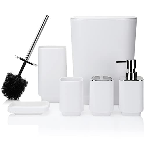 Image of JOTOM 6 Pieces Bathroom Accessory Set Luxury Plastic Bathroom Accessories Set Trash Can Toilet Brush Set Toothbrush Holder Tumbler Soap Dish Soap Dispenser Bath Set Gift (White)