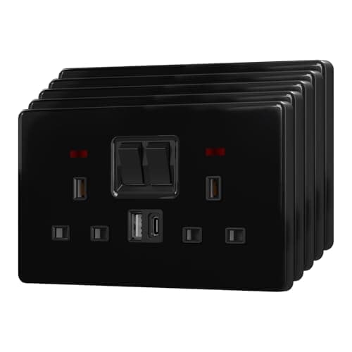 Image of BSEED Double Plug Socket with 20 W USB-C Fast Charging,Switched Wall Plug,Indicator Light,Glass Panel,UK Standard Electric Power,2 Gang-5 Pack,146mm Black