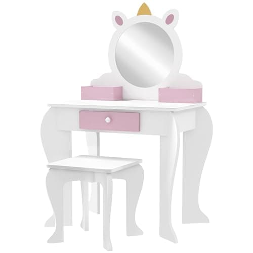 Image of ZONEKIZ Kids Dressing Table Kids Vanity Table Girls Dressing Table with Mirror and Stool, Drawer, Storage Boxes, Unicorn Design, for Toddles Ages 3-6 Years - White and Pink