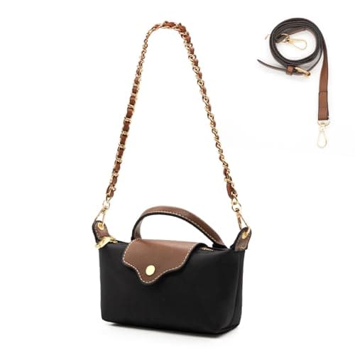 Image of Long Keeper Mini Crossbody Bag for Women Small Nylon Tote Bag Colorblock Shoulder Handbag Top Handle Purse Phone Clutch Bag, Black (With Brown Chain Strap), Casual Mini Nylon Tote Bag With Long