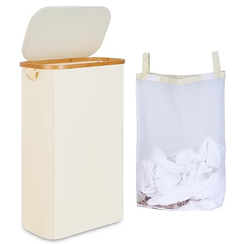 Image of iEGrow Laundry Baskets 60L, Tall Washing Baskets for Laundry with Removable and Washable Inner Bag, Slim Thin Laundry Basket with Lid and Bamboo Handle for Laundry Room Bedroom Bathroom (Beige)