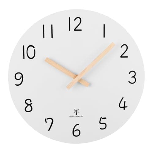 Image of Plumeet Radio Controlled Wall Clock, 12'' Frameless Wooden Wall Clocks with Silent Movement, Rustic Coastal Country Village Clock Decorative for Bedroom Living Room, Only for UK