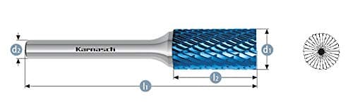 Image of Karnasch 115011.105 12mm Cylinder Shape With End Cut Blue Tec Coated Carbide Burr Cross Cut ZYB