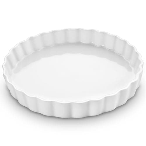 Image of LONTOM 22cm White Ceramic Quiche Dish, 8.7inch Round Rim Baking Dish,Oven Microwave Dishwasher Safe Non-Stick Pie Pan Porcelain Flan Dish,Perfect for Pies, Quiches,Tarts & Desserts,Pizza,Noodles