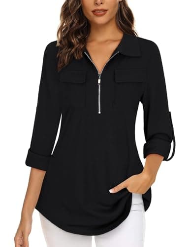 Image of Gemulate Long Sleeve Tops Women Dressy Tops for Women UK Womens Tops Zip Up Long Sleeve Tops Polo Shirts Blouses Loose Dressy Casual Tunic Tops - Black, XXL