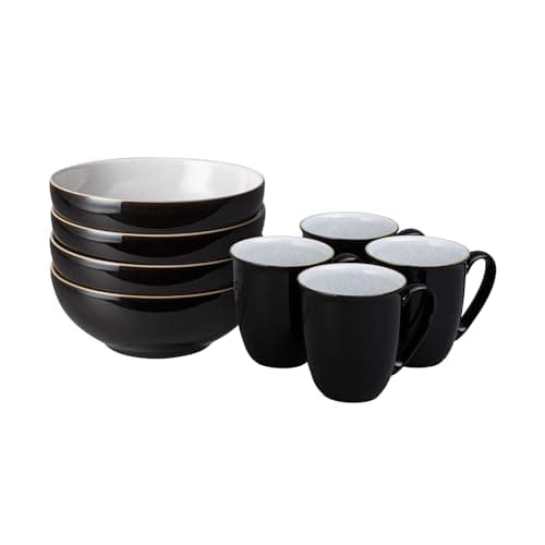 Image of Denby - Elements Coffee Mug & Cereal Bowl 8 Piece Set - Black Glaze Dishwasher & Microwave Safe Stoneware - 4 x 330ml Tea Cups & Cereal Bowls for Soup - Ceramic, Chip Resistant for Everyday Use
