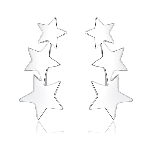 Image of Estrellique Silver Stud Earrings for Women Girls, 925 Sterling Silver Star Studs Earrings, Small Cartilage Starburst Climbers Earrings, Flat Triple Star Silver Sleeper Studs for Sensitive Ears