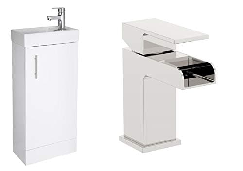 Image of VeeBath Sheen High Gloss White 400mm Compact Cloakroom Vanity Unit with Waterfall Designer Chrome Basin Mixer Tap + Waste (Assembled)