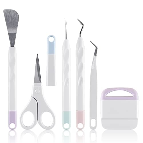 Image of 6 PCS Vinyl Weeding Tools Set, Spatula/Scissors with Cap/Piercing Tool/Weeder/Tweezers/Scraper Basic Weeding Tool Kit Stainless Steel Plotter Accessor