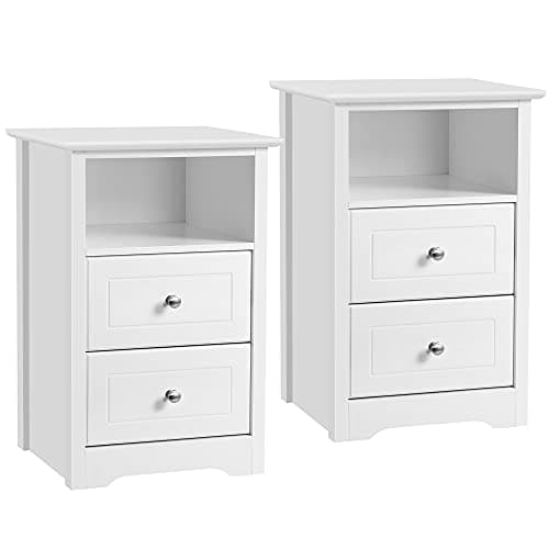 Image of Yaheetech 2pcs Bedside Tables, Wooden Nightstand Cabinet with 2 Drawers and Open Cupboard, Sofa Side End Table Storage Unit for Living Room/Bedroom, White, 35 x 40 x 61cm