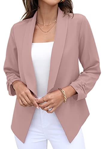 Image of GRECERELLE Womens Blazer Suit Open Front Cardigan 3/4 Ruched Sleeve Casual Work Office Cropped Blazer Jacket for Ladies (Pink, US 10= UK12-14)