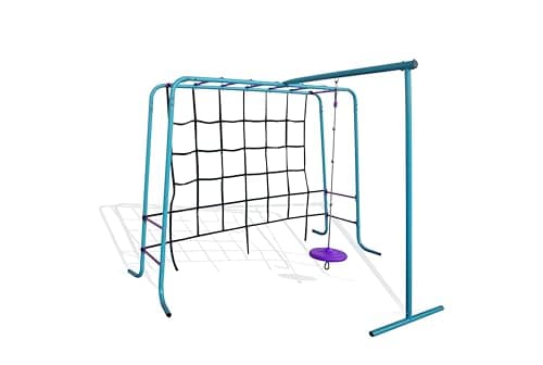 Image of Plum Kids Outdoor Metal Climbing Frame with Monkey Bars, Swing & Cargo Net – Garden Playset for Children Ages 3+ | Durable Fun for Years | Safe & Strong