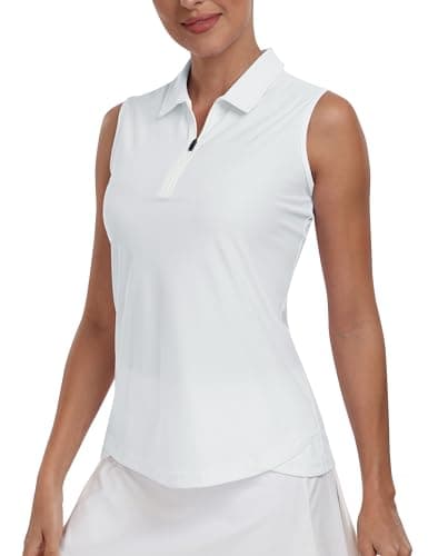 Image of MoFiz Womens Sleeveless Polo Shirts UK 1/4 Zip Quick Dry Golf Tennis Tops Sport Gym Athletic Tops White M