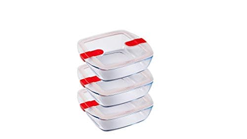 Image of Pyrex Cook & Heat - Set of 3 identical square tins - 1L - Borosilicate glass - LunchBox - Special Micro-Wave airtight lid - Made in France