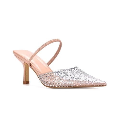 Image of Women's Slingback Court Shoes Ladies Clear Stiletto Heel Nude Perspex Diamante Jewel Point Toe Party Sandals Size 6