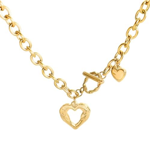 Image of Jellecutte Gold Necklace For Women Toggle Clasp Double Heart Necklace Gold Filled Chunky Charm Necklace Statement Jewelry Gift-gold heart