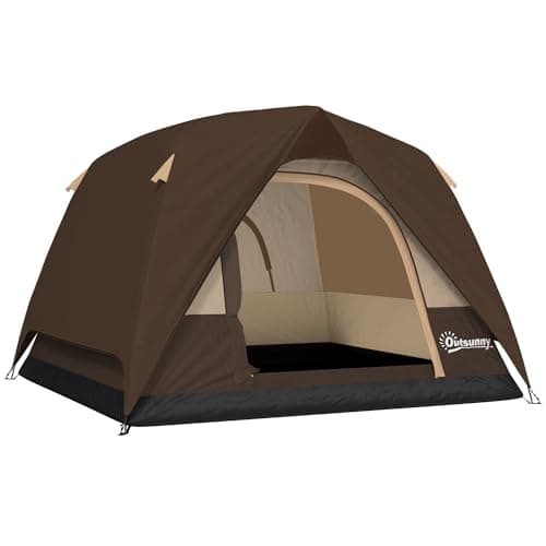 Image of Outsunny 3-4 Person Camping Tent, Easy Set Up 3-4 Man Tent w/Sewn-in Groundsheet, Waterproof Dome Tent w/Mesh Windows, Pocket and Hook for Camping, Hiking, Backpacking, Brown
