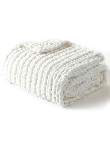 Image of YNM Chunky Throw Blanket, Medium-Weight, Hand Knitted with Chenielle Yarn, Skin Friendly, Ventilated and Breathable, Machine Washable, Home Décor Piece for Couch, Sofa and Bed (White, 50x60 Inch)