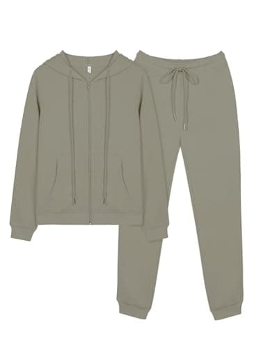 Image of REORIA Women Zip Up Hoodie and Slim Long Pants Warm Cotton Lounge Wear Sets Two Piece Outfit Thick Long Sleeve Tracksuits Full Set Co Ord Sets With Pockets Grey Green M