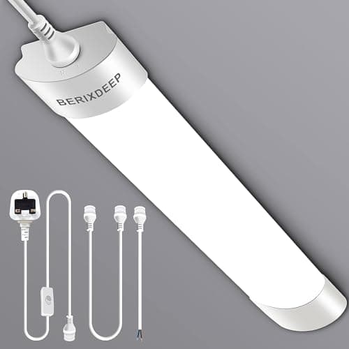 Image of BERIXDEEP 2ft LED Batten Light 6500K Daylight, Linkable Plug in Strip Light for Garage, Workshop, Office, Wall, Kitchen, Shed, Waterproof Plug in Garage Lighting, 2FT, 60cm, 18W