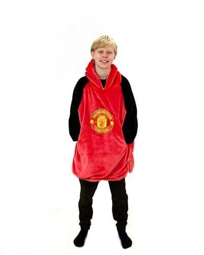 Image of Manchester United FC Hugzee Oversized Wearable Hooded Fleece Super Warm and Cosy Premium Sherpa Lined, Design Perfect For Kids Aged 7-12 Years, One Size Suggested Height 75cm+, Red