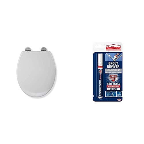 Image of Croydex Flexi-Fix Constance Always FITS Never Slips Slow Close Anti Bacterial Toilet Seat & Unibond Grout Reviver Pen, White Grout Pen for Restoring Bathroom Grout Joints, 1x7ml