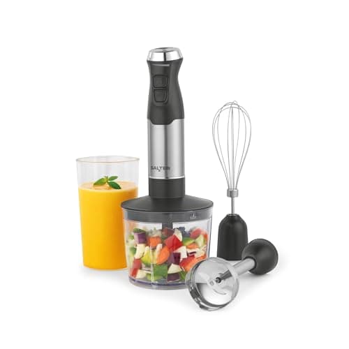 Image of Salter 3-In-1 Blender – Whisk, Blend, Chop & Store, Includes Stainless Steel Whisk & Blender Attachment, 500ml Chopping Bowl, 700ml Storage Beaker With Lid, Variable Speed Settings, Black, Silver