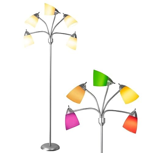 Image of Mordern LED 5 Way Floor Lamp Sliver,LED Tree Standing Lamp with 5 White & 5 Colorful Lamp Shades, Multi Light Floor Lamp with Adjustable Gooseneck for Living Room, Bedroom, Kids Room, Silver, E27 Base