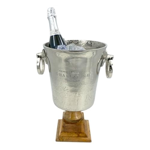 Image of Deluxe 6.5 Litre Large Vintage Champagne Cooler Ice Bucket Cooler with Wooden Stand Base, Distressed Finish, Prosecco, Antique, Royal, Cuvée de Prestige, Fine Dining Accessory,