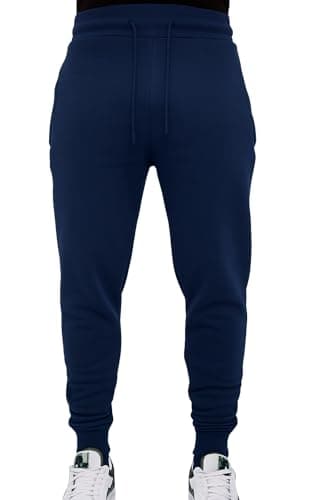 Image of LABEL APPAREL Men's Slim Fit Tracksuit Bottoms Skinny Trousers Sweat Pants Jogging Gym Joggers Causal Slim Fit Running Zipped Pockets Cotton Elasticated (Navy Blue Medium)