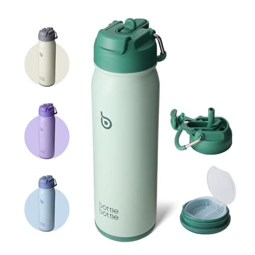 Image of BOTTLE BOTTLE Insulated Water Bottle Stainless Steel 700ml（24oz） Bike Water Bottles with Straw and Adjustable Lid Daily Drink Flask Pill Organizer (green)