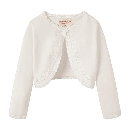 Image of PythJooh Baby Girl Long Sleeve Frilly Bolero Cardigan Infants Knitted Shrug Sweater with Flowers Embroidery for 0-3Years Cream White