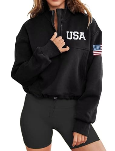 Image of LEEDYA Womens Long Sleeve American Flag Sweatshirts Half Zip Oversized Casual Pullover Top Fall Graphic 4Th Of July USA Shirt, Black, S