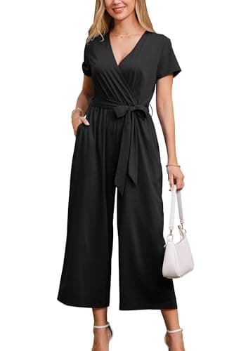 Image of OUGES Summer Jumpsuits for Women UK Black Short Sleeve Casual Jersey Playsuit With Pockets, M
