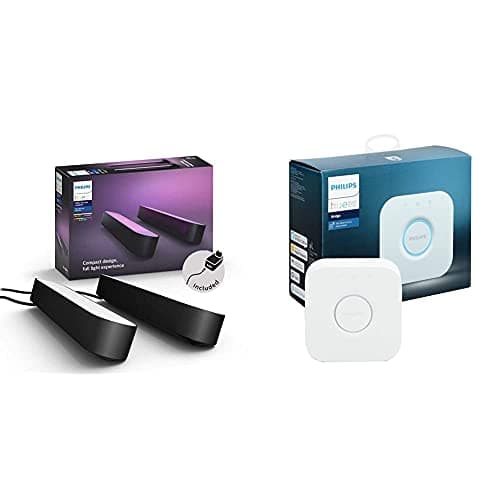 Image of Philips Hue Play White & Colour Ambiance Smart Light Bar Double Pack Base Unit [Black] + Hue Bridge, Sync with Gaming, Entertainment and Music, Works with Alexa, and Voice Control.