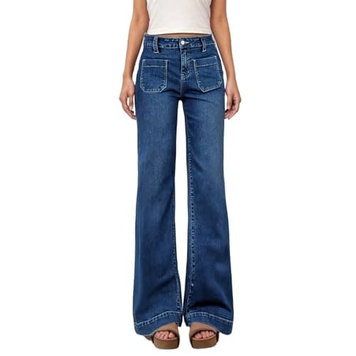Image of Generisch Women's Wide Leg Jeans with Large Patch Pockets - High-Waist Trousers in 70s Style | Casual Palazzo Jeans for a Retro Look, style_c02 blue, S