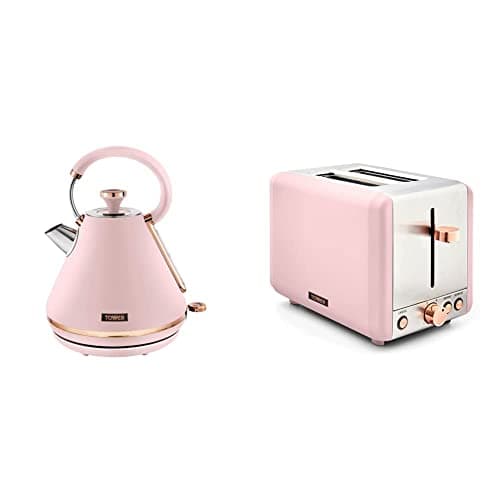 Image of Tower T10044PNK Cavaletto 1.7 Litre Pyramid Kettle with Rapid Boil, Marshmallow Pink and Rose Gold & T20036PNK Cavaletto 2-Slice Toaster with Defrost/Reheat, Marshmallow Pink and Rose Gold