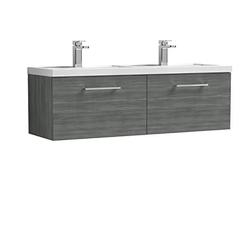 Image of nuie ARN522C Arno Modern Bathroom Wall Hung 2 Drawer Double Vanity Unit with Twin Polymarble Basin, 1200mm, Woodgrain Anthracite