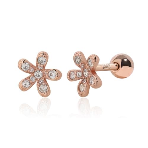 Image of Meissa Screw Ball Back Stud Earrings for Women Girls Cute Flower Sterling Silver Studs Safety Sleep-On Cubic Zirconia Earrings Handmade Studs, Rose Gold