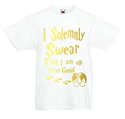 Image of I Solemnly Swear That i Am Up to No Good T-Shirt - Harry Potter Inspired Wizard Magic Birthday Gift for Boys or Girls T Shirt Age 3-4 to Age 12-13 (Age 7-8, White)