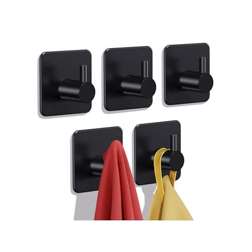 Image of Auxmir 5 Pack Self Adhesive Hooks, Max 10kg Heavy Duty Sticky Hooks, Stainless Stick on Towel Hook, Nail Free Adhesive Hook for Kitchen, Bathroom, Cupboards, Office, Doors, Walls, Coats, Keys