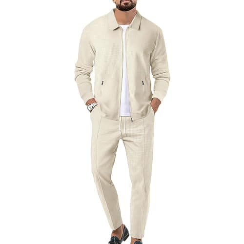 Image of aromm Men's Waffle Tracksuits Zip up Jacket Top & Jogging Trouser 2pcs Sweatsuit Set Beige for Casual Sport Workout Business, M