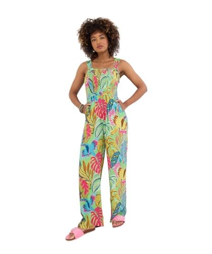Image of Joe Browns Women's Petite Fashion Tropical Print Shirred Bodice Jumpsuit, Green, UK 18 Petite